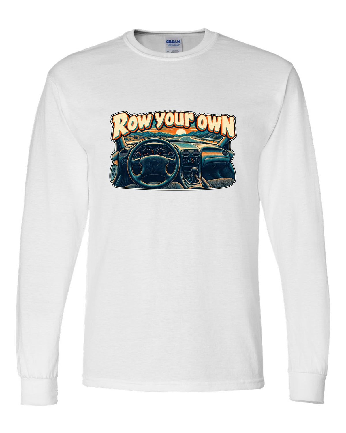 Risograph halftone Ford Mustang SN95 with the words Row your own white long sleeve front view with the design