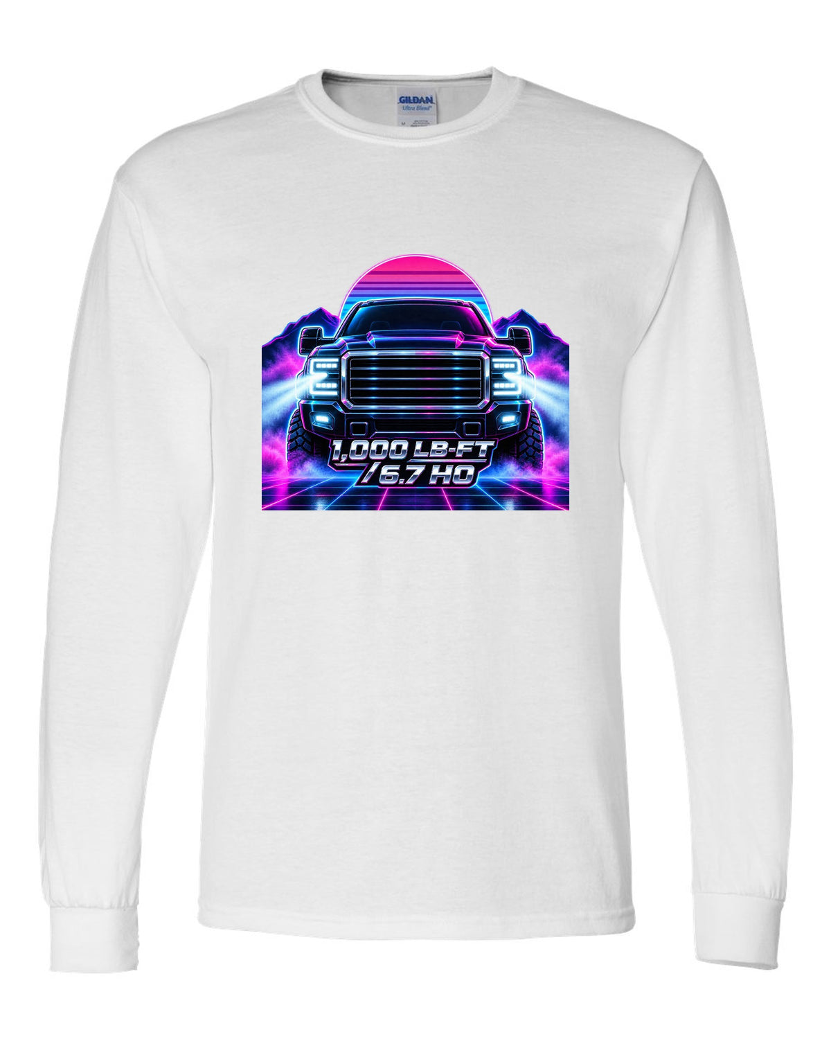 Neon synthwave grid print of a 2019-2024 Ram HD 2500 6.7 Cummins HO white long sleeve front view with the design