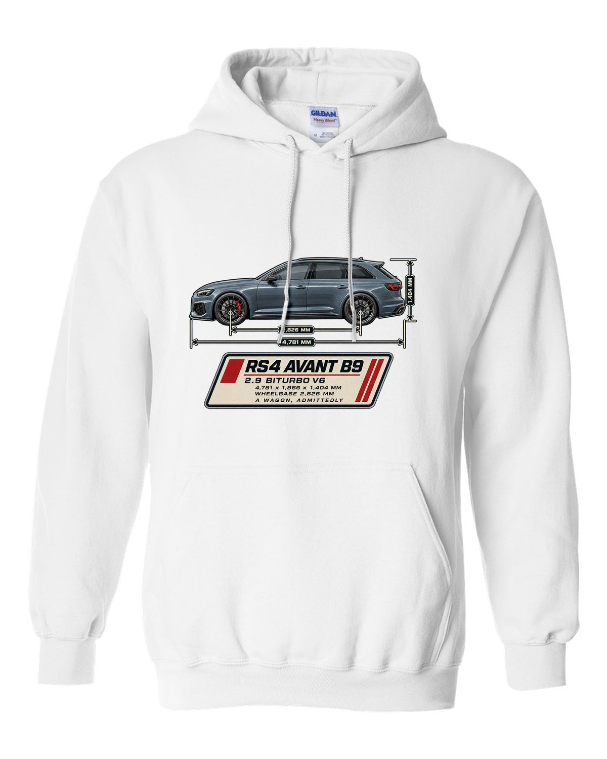 Audi RS4 Avant B9 dimension blueprint print with measurements white pull over hoodie front view with the design