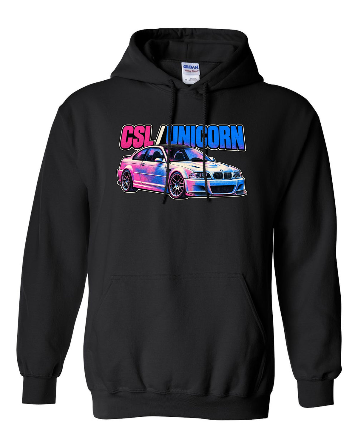 Risograph spot colour print of a BMW E46 M3 CSL with CSL Unicorn text black pull over hoodie front view with the design