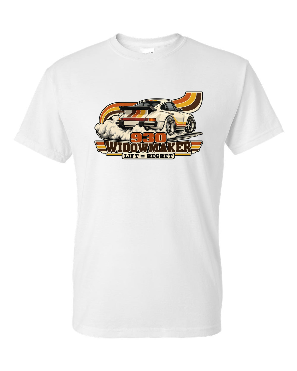Retro 70s striped illustration of a Porsche 911 Turbo 930 with whale tail white t-shirt front view with the design