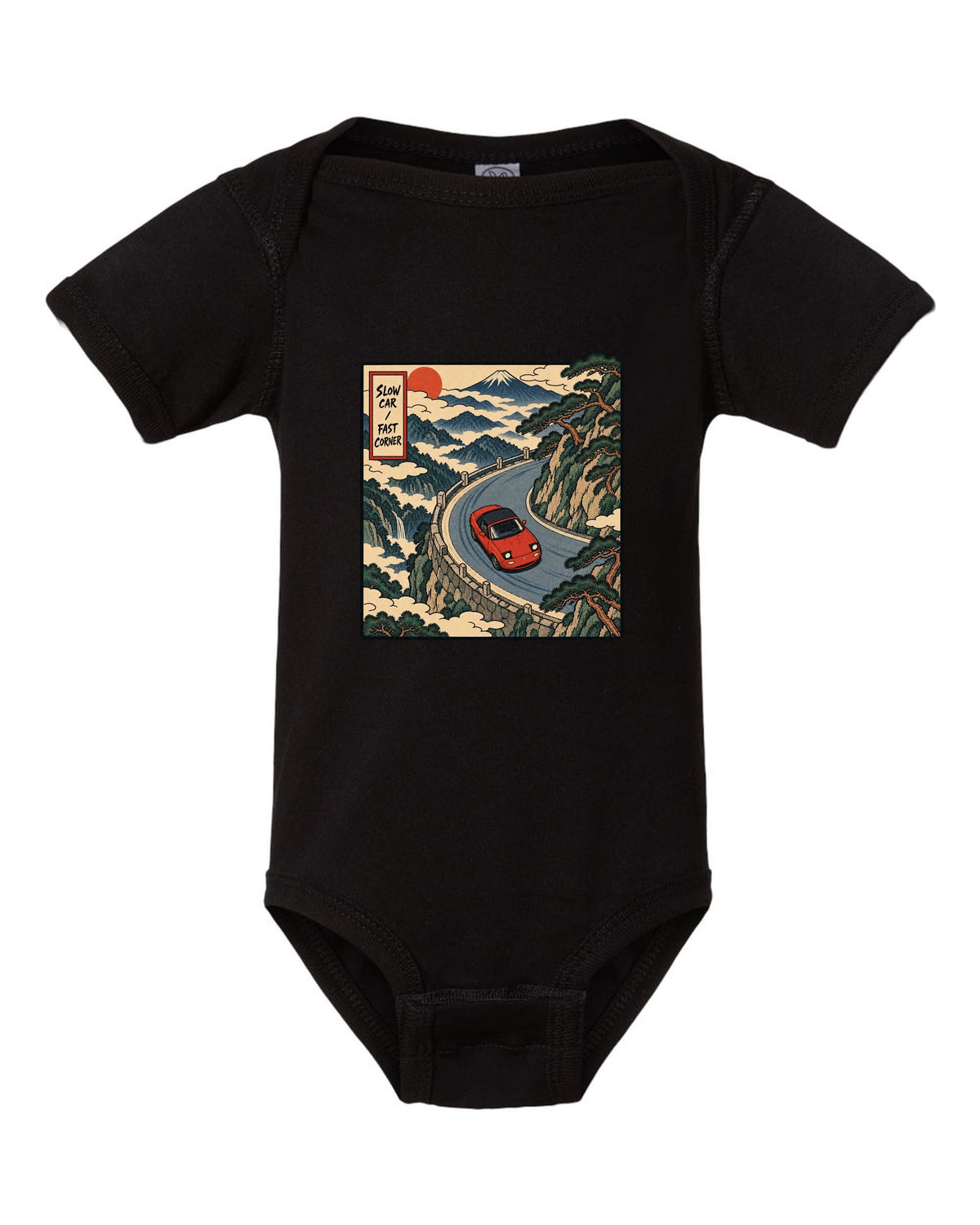 Flat silhouette row of Mazda MX-5 NA, NB, NC and ND generations black baby onesie front view with the design