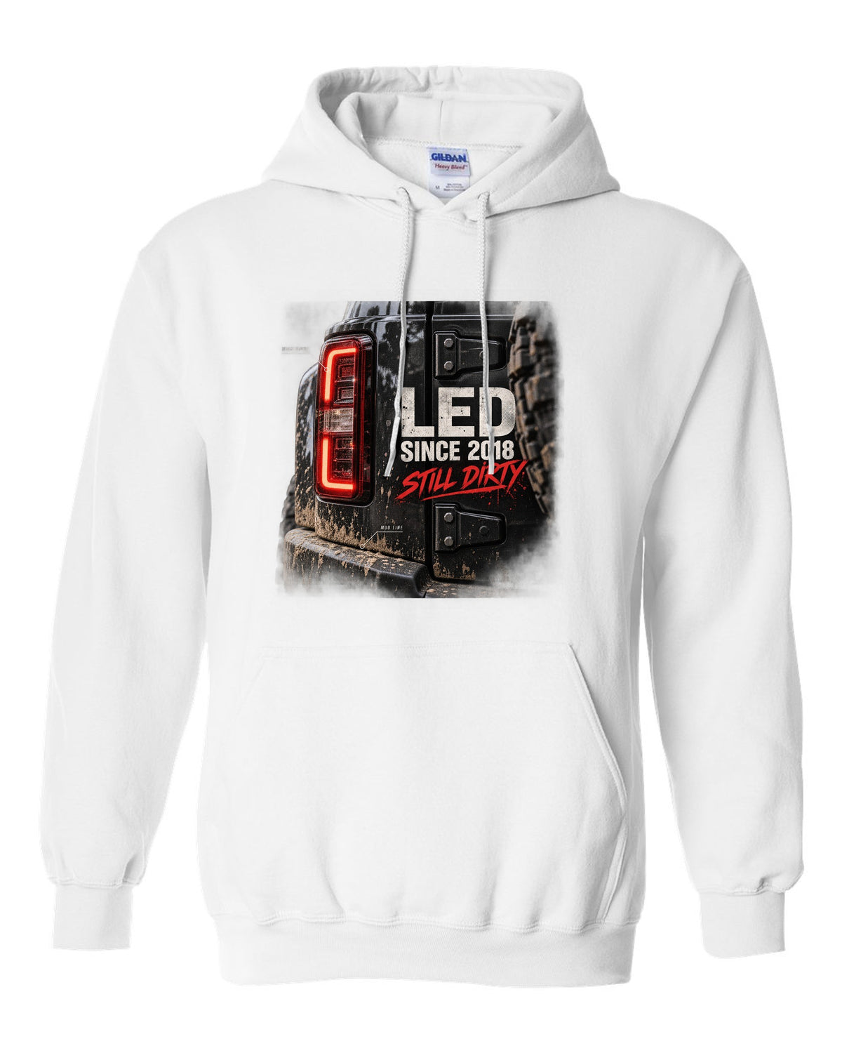 Jeep Wrangler JL LED taillight macro with mud line print white pull over hoodie front view with the design