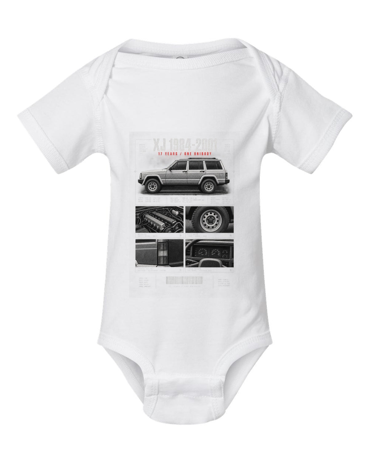 Jeep Cherokee XJ dossier panel print marking 1984 to 2001 white baby onesie front view with the design