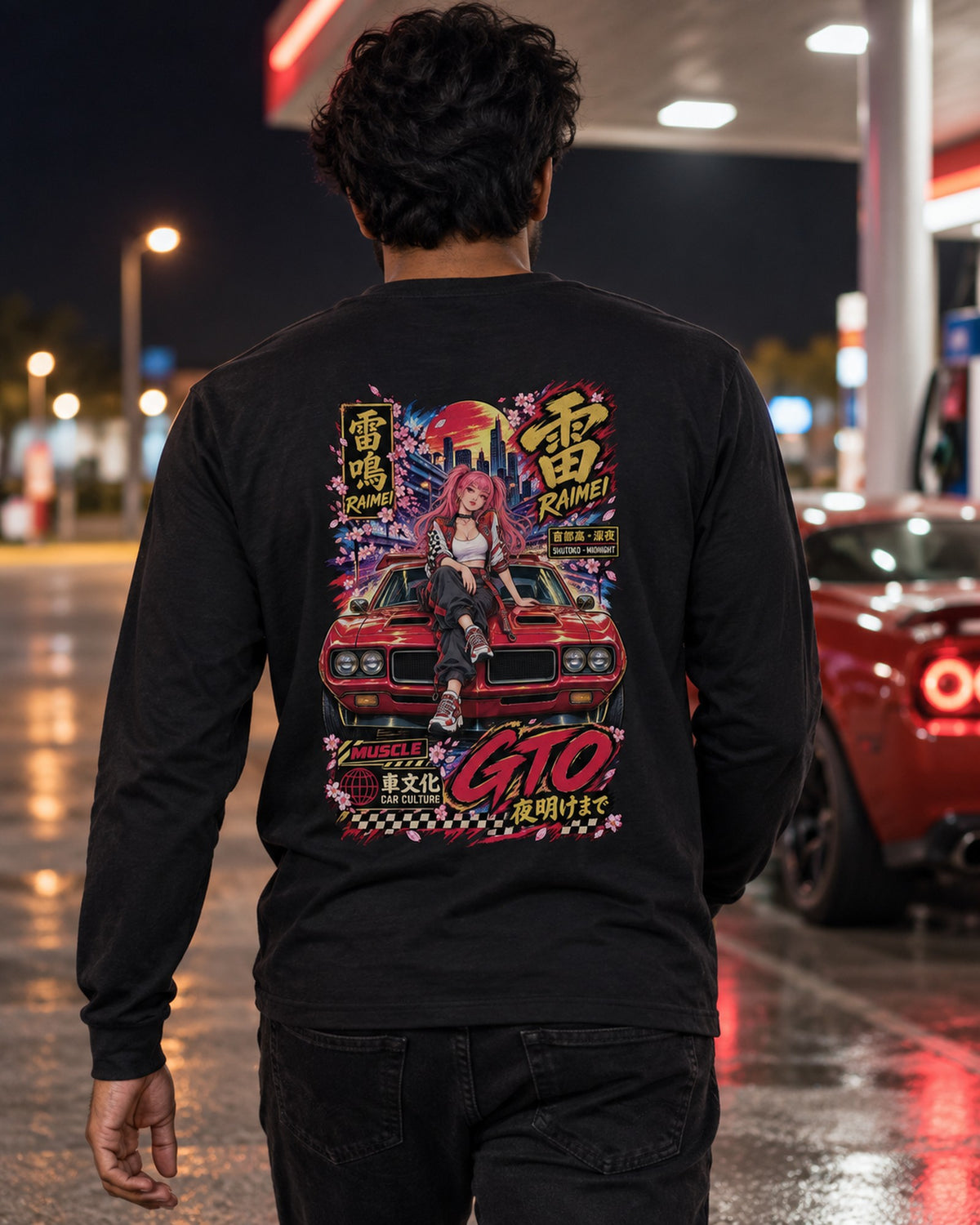 RAIMEI GTO Anime Girl Full-Back Graphic Tee Long Sleeve Black worn hero