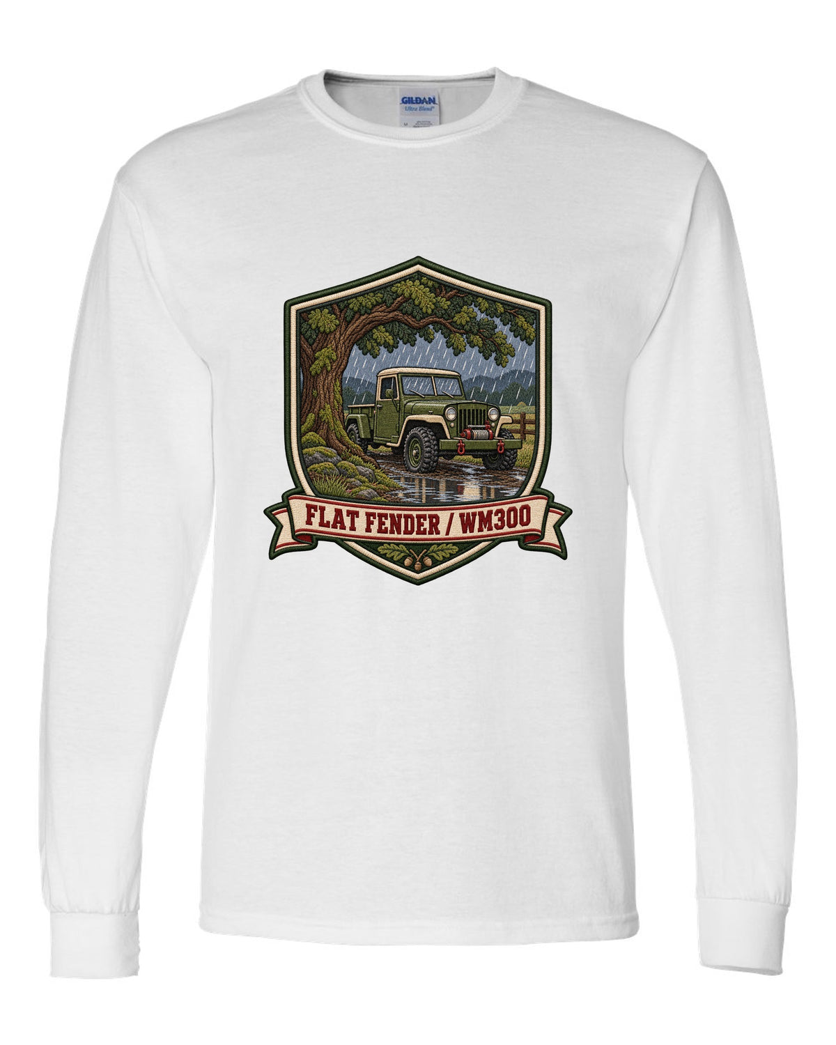 Varsity-style embroidered crest print of a Dodge Power Wagon WM300 flat fender white long sleeve front view with the design