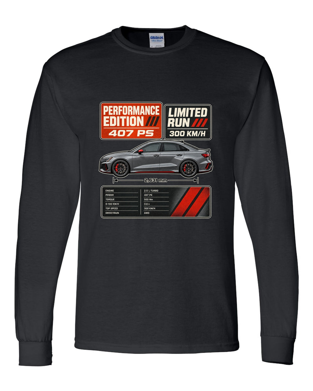 Grey and orange spec poster for the Audi RS3 8Y Performance Edition black long sleeve front view with the design