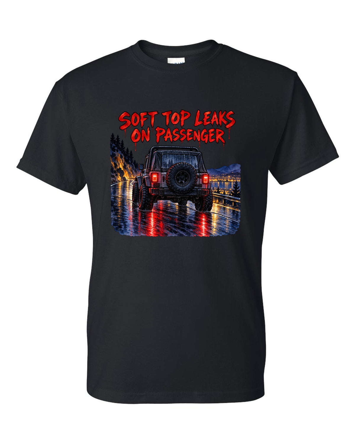 Watercolour wet-road night print of a Jeep Wrangler YJ taillights with soft top text black t-shirt front view with the design