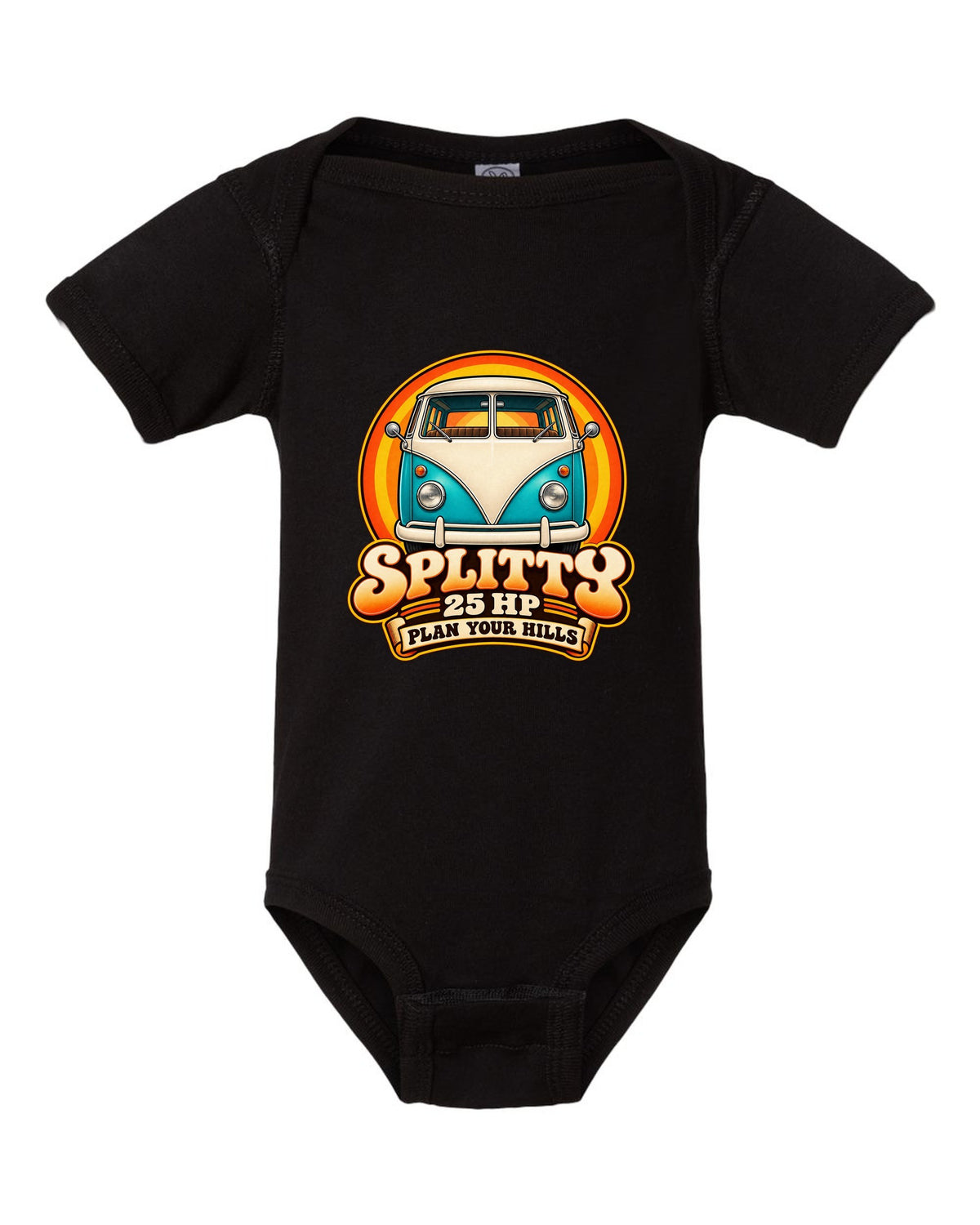 80s airbrush chrome style VW Bus T1 Type 2 Splitty with 25 HP plan your hills text black baby onesie front view with the design
