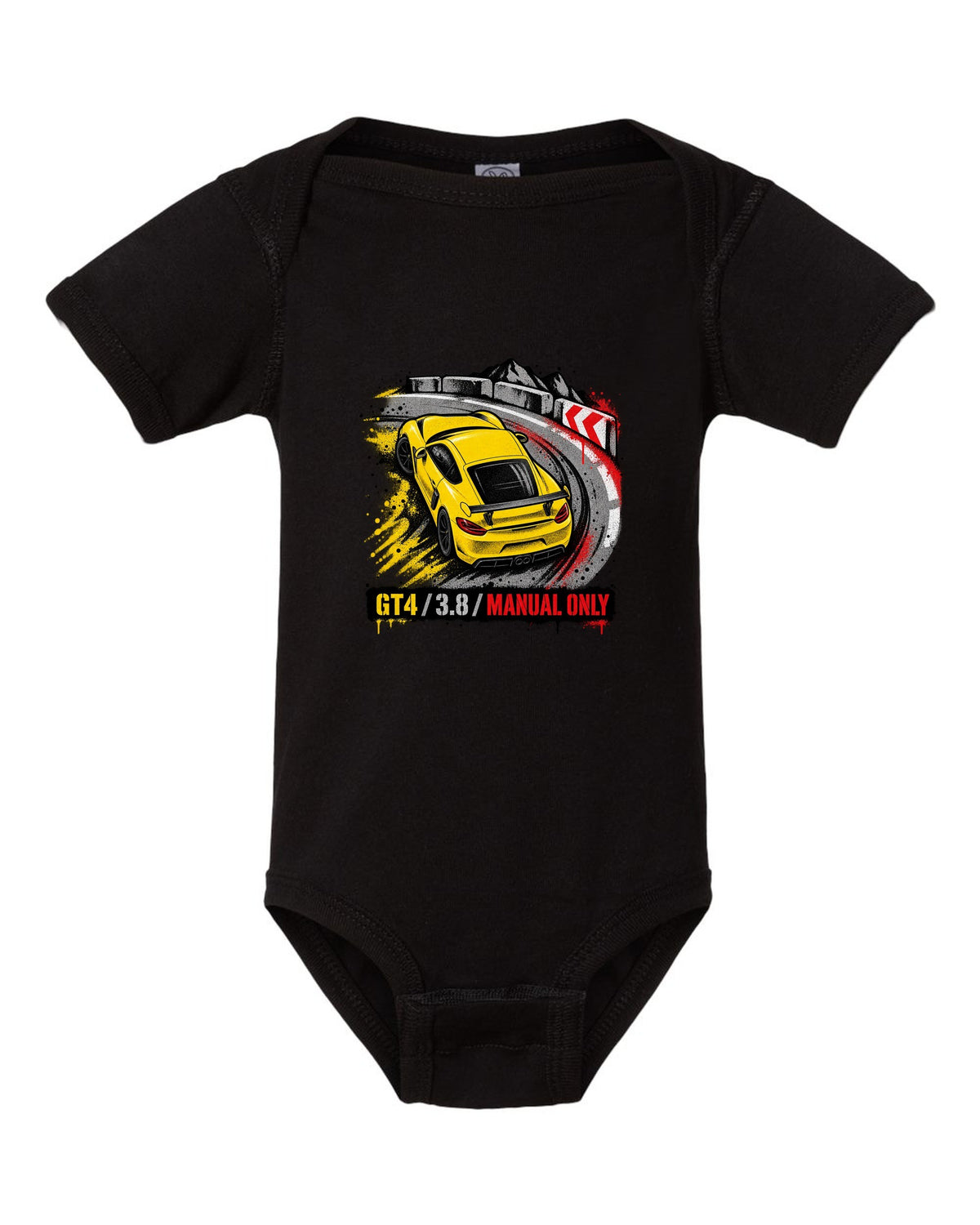 Engraved tachometer illustration for the Porsche 911 GT3 RS 991.2 black baby onesie front view with the design