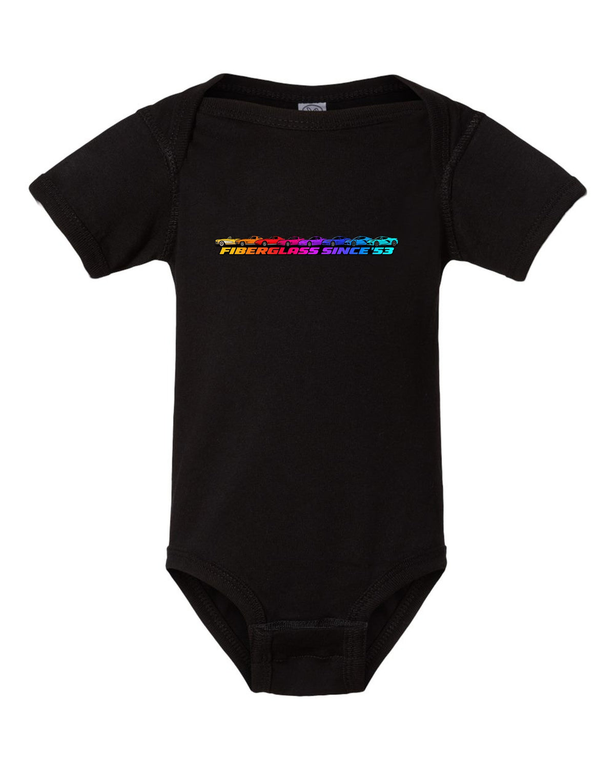 Flat gradient silhouette lineup of eight Chevrolet Corvette generations C1 to C8 with Fiberglass Since '53 text black baby onesie front view with the design
