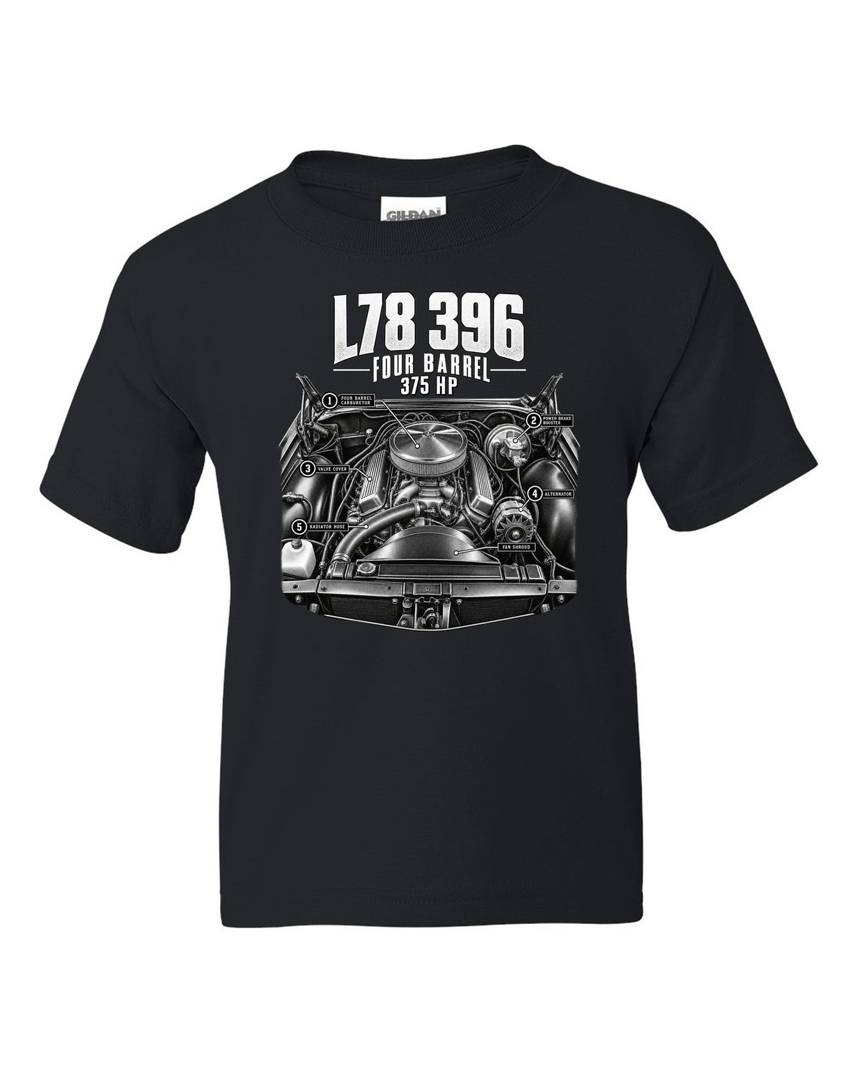 Engine hero print of an L78 396 big block in a 1969 Chevrolet Chevelle SS with 375 hp text black kids tee front view with the design