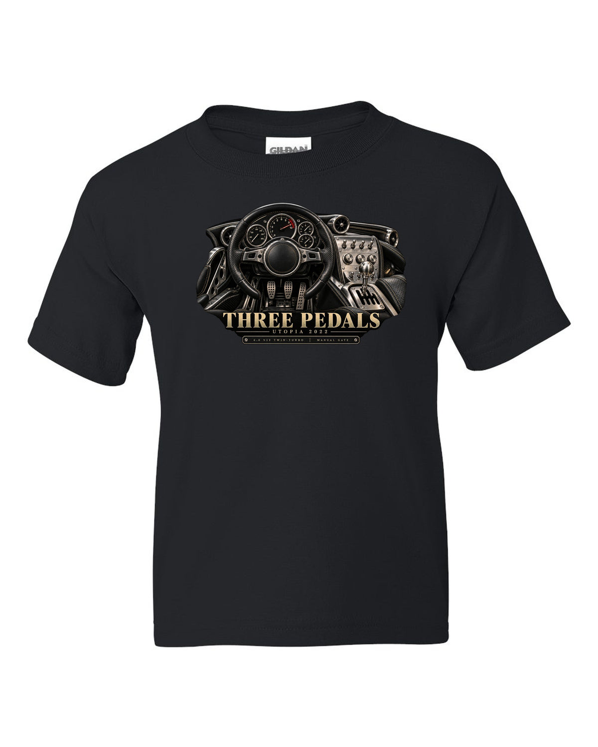 Pagani Utopia 2022 cockpit with manual gate and three pedals black kids tee front view with the design