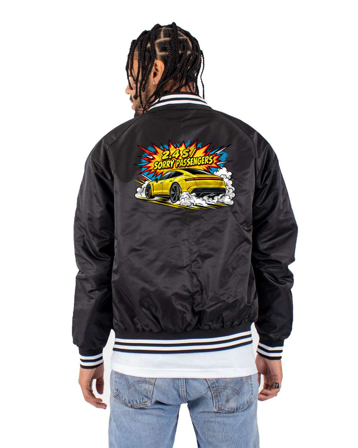 Porsche Taycan Turbo S 9J1 Halftone Pop Art Launch Shirt Bomber Jacket Black back