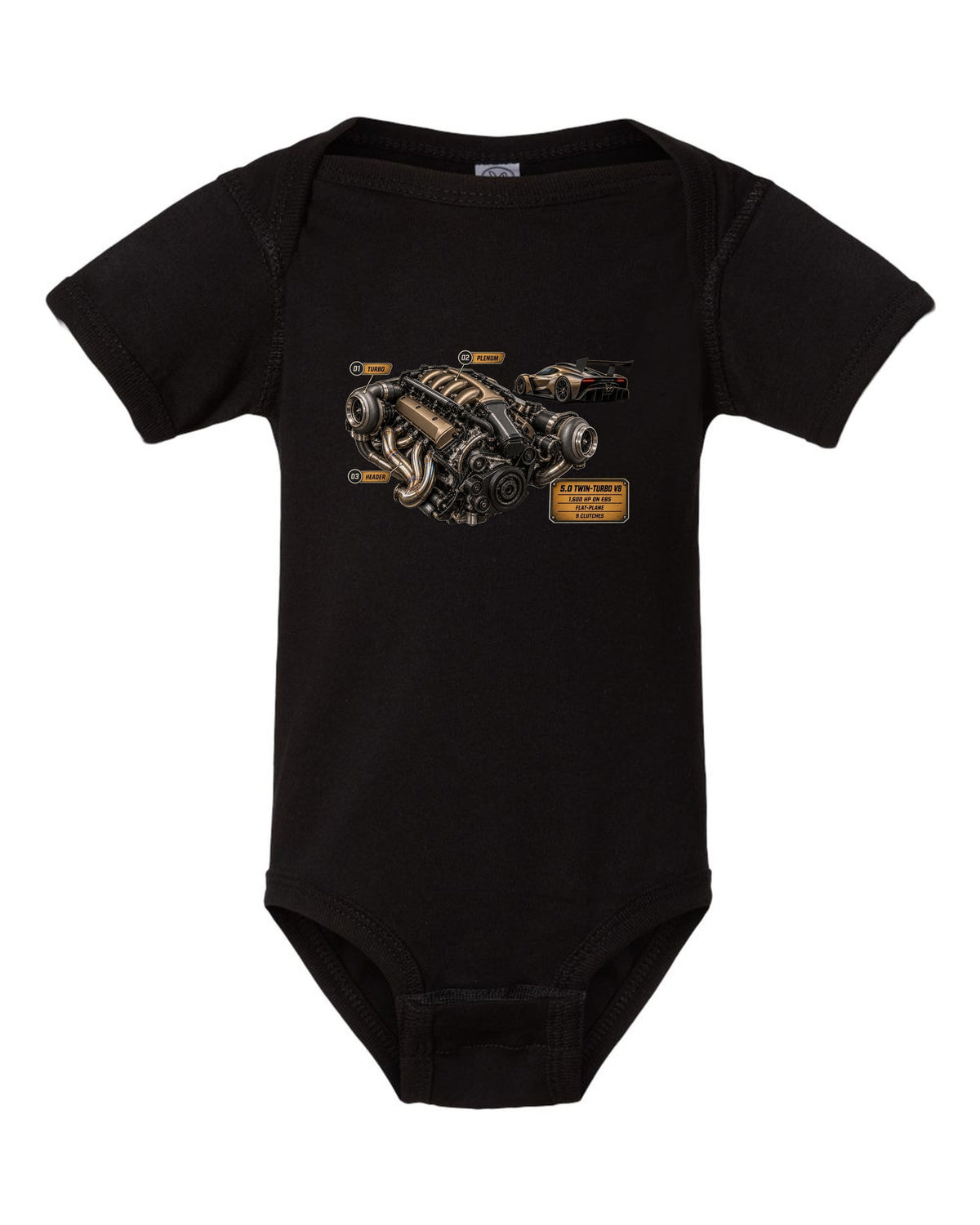 print engine hero of a Koenigsegg Jesko in bronze-grey carbon weave black baby onesie front view with the design