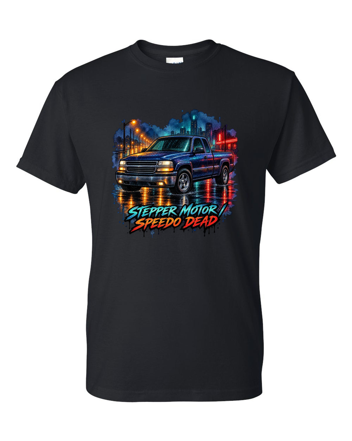 Watercolor wet-road night print of a 1999-2006 Chevrolet GMT800 NBS Silverado with stepper motor speedo dead lettering black t-shirt front view with the design