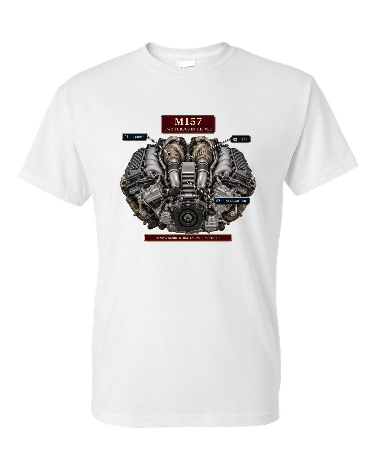 Engine hero print of the Mercedes-AMG M157 5.5 biturbo V8 from the W212 E63 S white t-shirt front view with the design