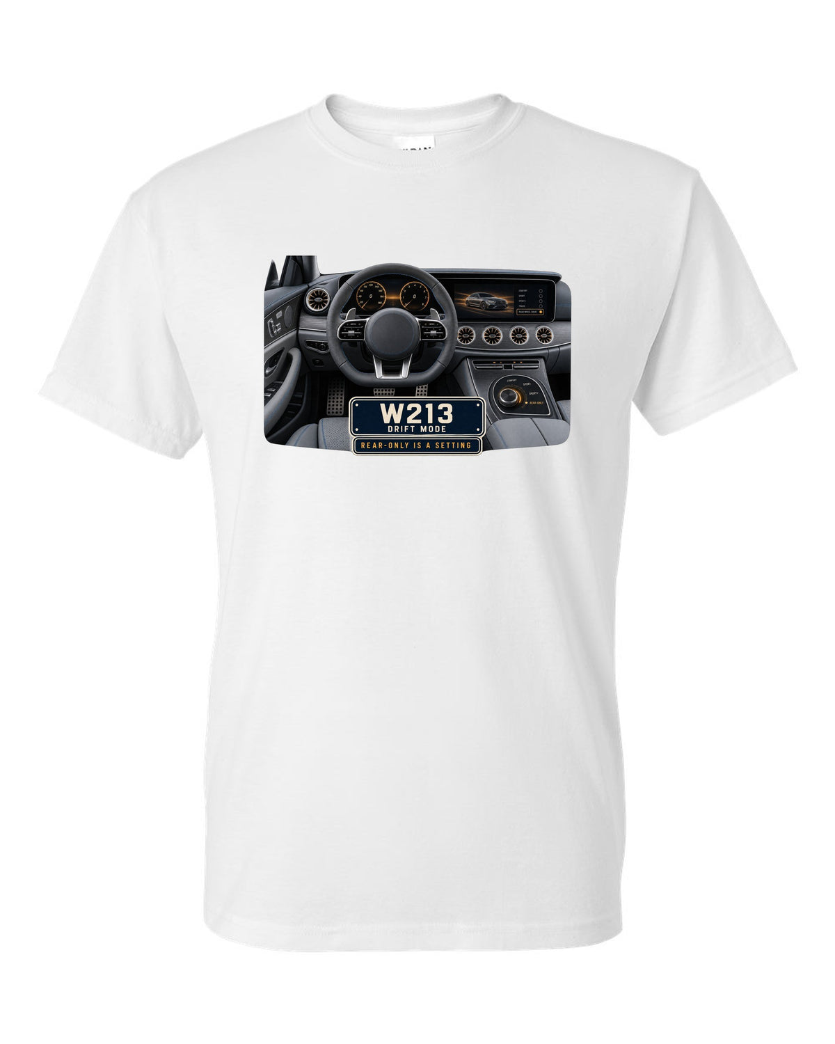 Cockpit and gauge print of a Mercedes-AMG E63 S W213 interior with drift mode white t-shirt front view with the design