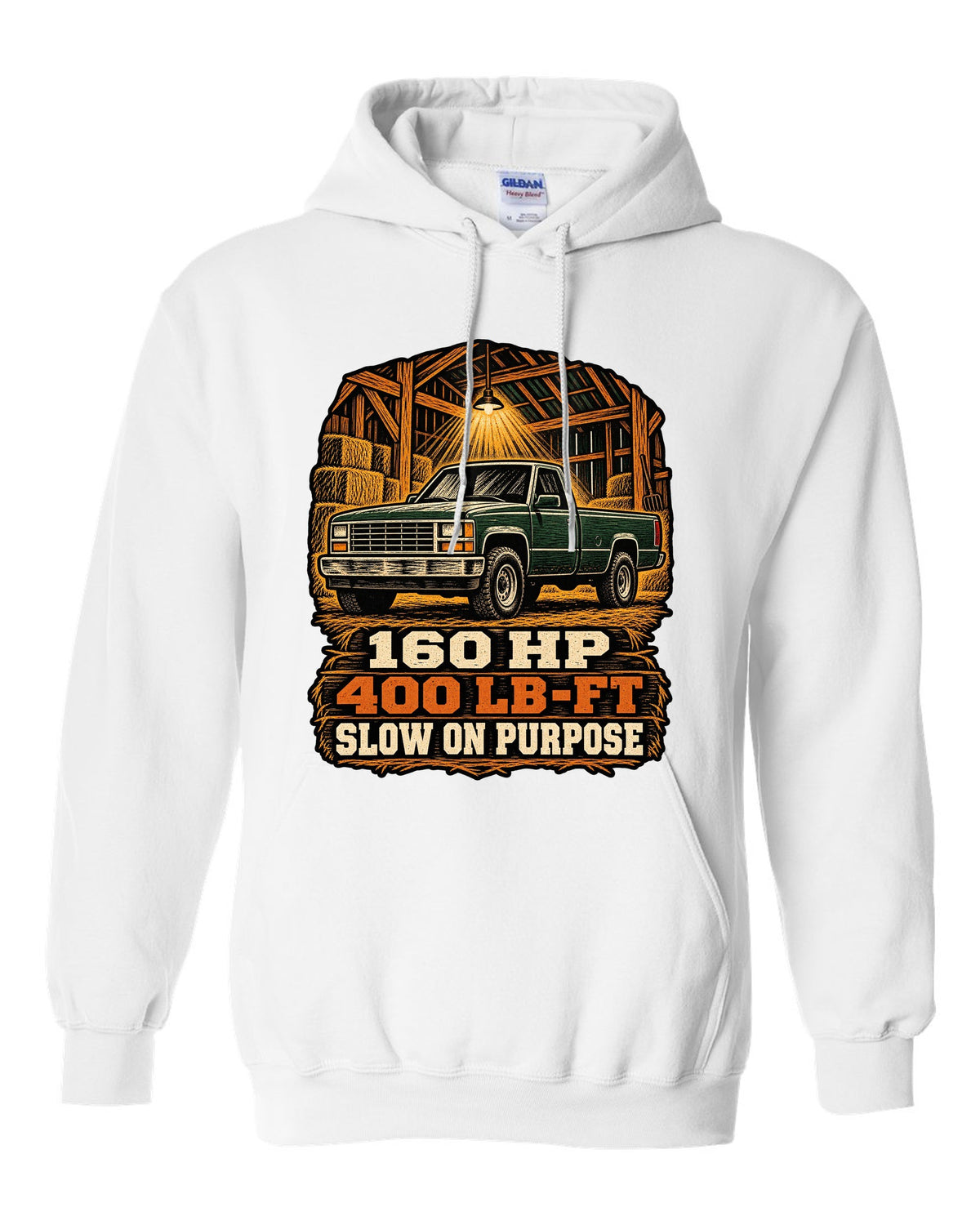 Woodcut style print of a 1989-1993 Dodge Ram D250 Cummins on an oversized shirt white pull over hoodie front view with the design