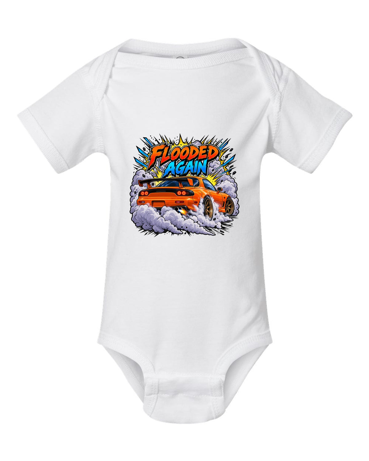 Comic-style Mazda RX-7 FD3S burnout with speed lines and smoke white baby onesie front view with the design
