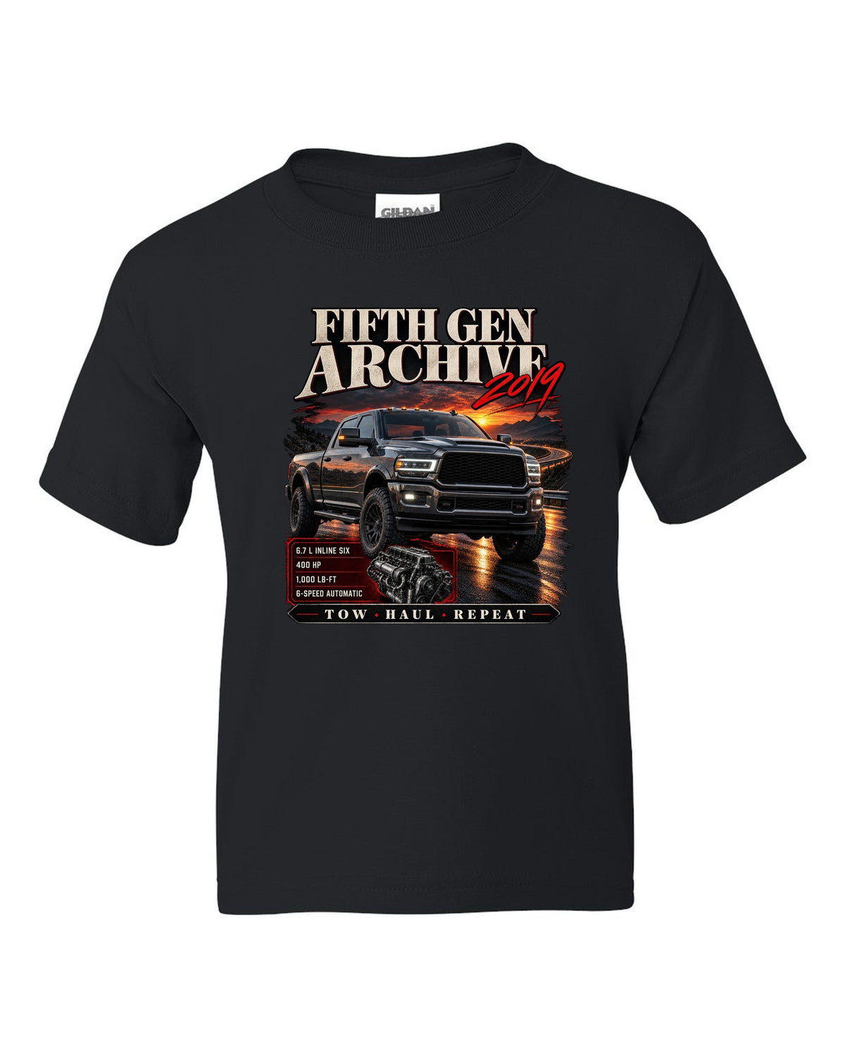 Archive panel print of a 2019 Ram HD 2500 6.7 HO diesel pickup with torque figure black kids tee front view with the design