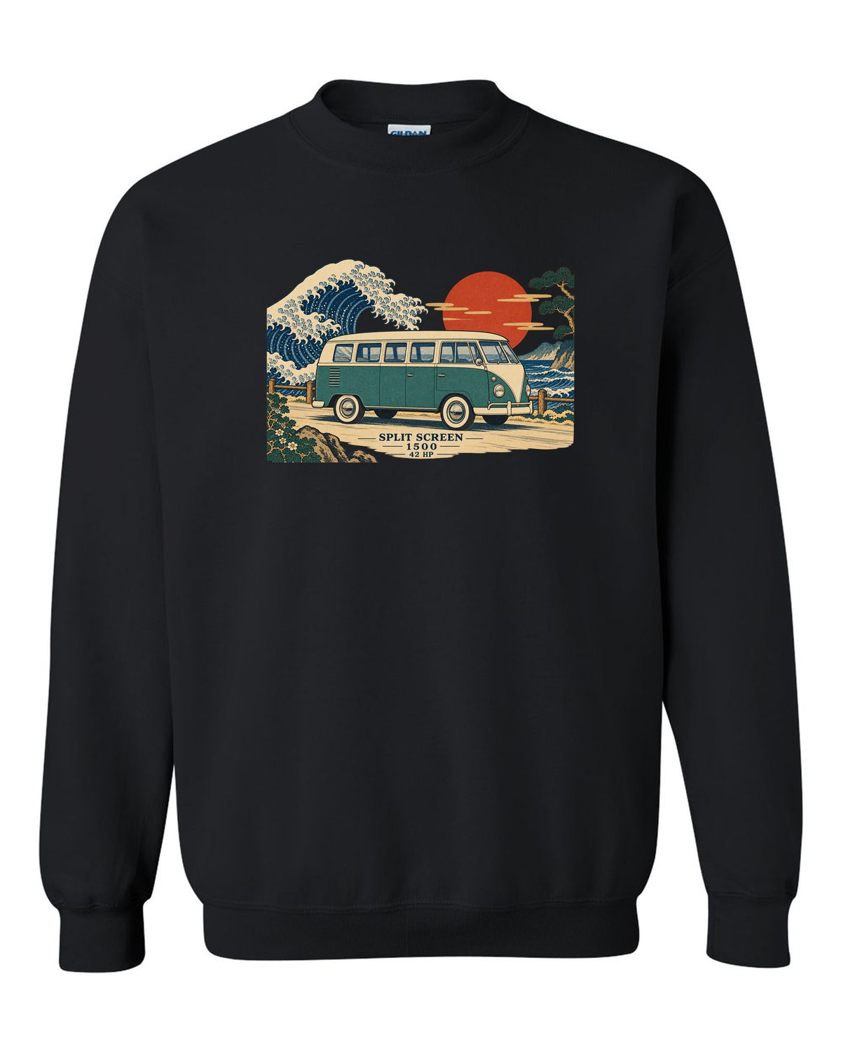 Ukiyo-e woodblock of a 1963 split-window VW Bus T1 with a wave and 42 HP lettering black crewneck front view with the design