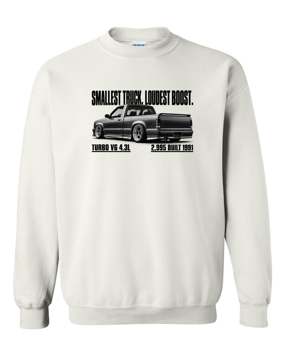 1991 GMC Syclone halftone profile with boost headline, print white crewneck front view with the design