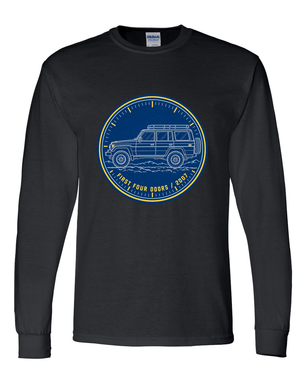 Jeep Wrangler JKU cyanotype blueprint design reading first four doors 2007 black long sleeve front view with the design