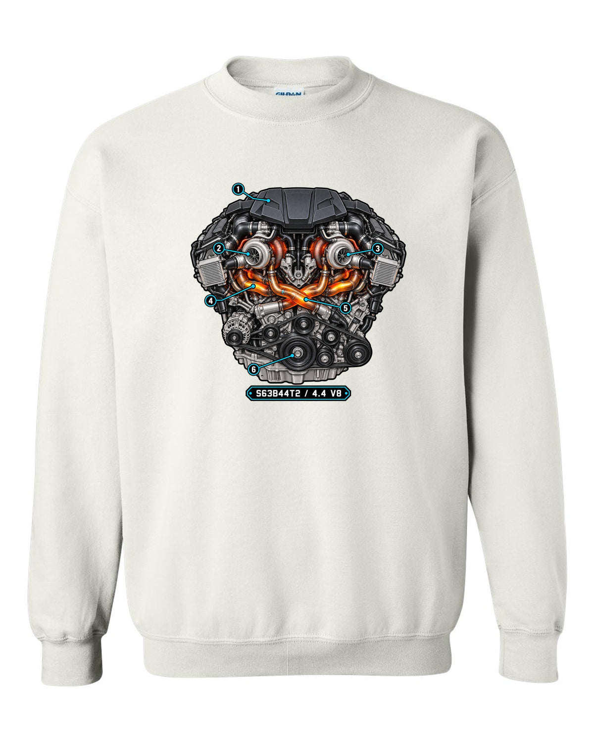 Exploded cutaway engine print of the BMW S63 4.4 V8 from the X5 M F85 white crewneck front view with the design