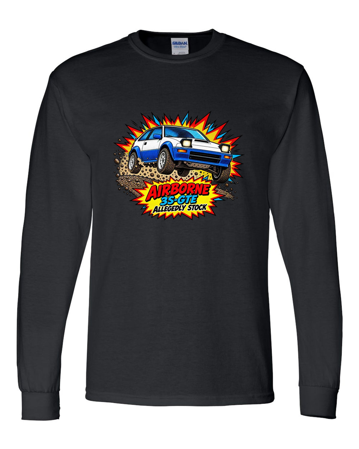 Comic halftone pop art of a Toyota Celica GT-Four ST165 jumping on gravel black long sleeve front view with the design