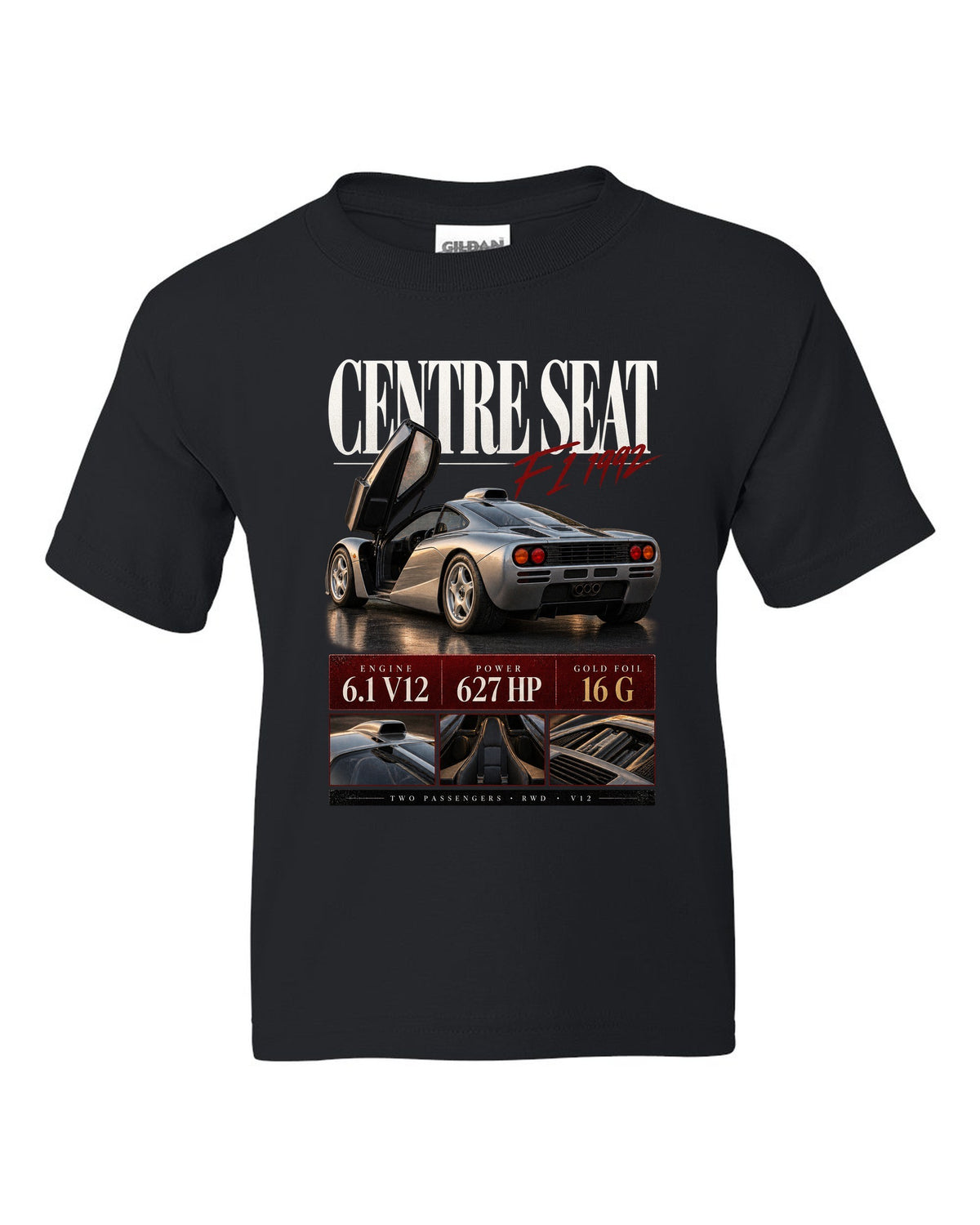 Archive panel print of the 1992 McLaren F1 with centre driving seat and V12 specification text black kids tee front view with the design