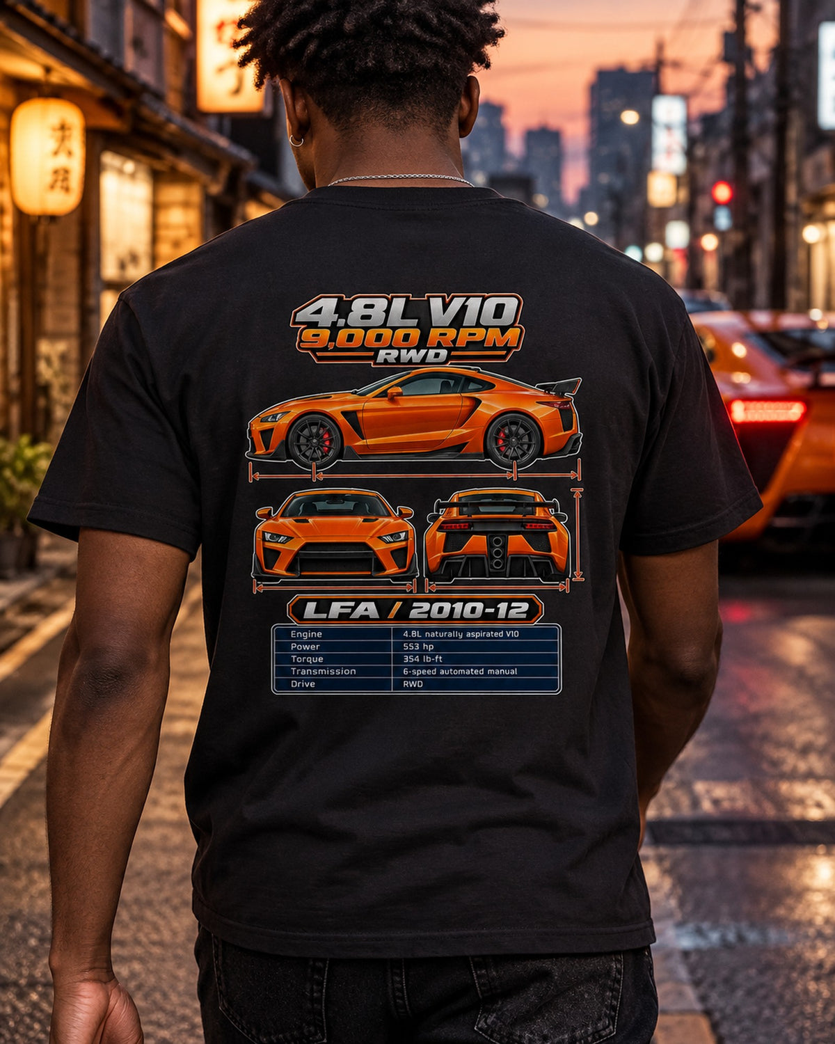 Lexus Lfa Spec Sheet Full-Back Graphic Tee T-Shirt Black worn hero