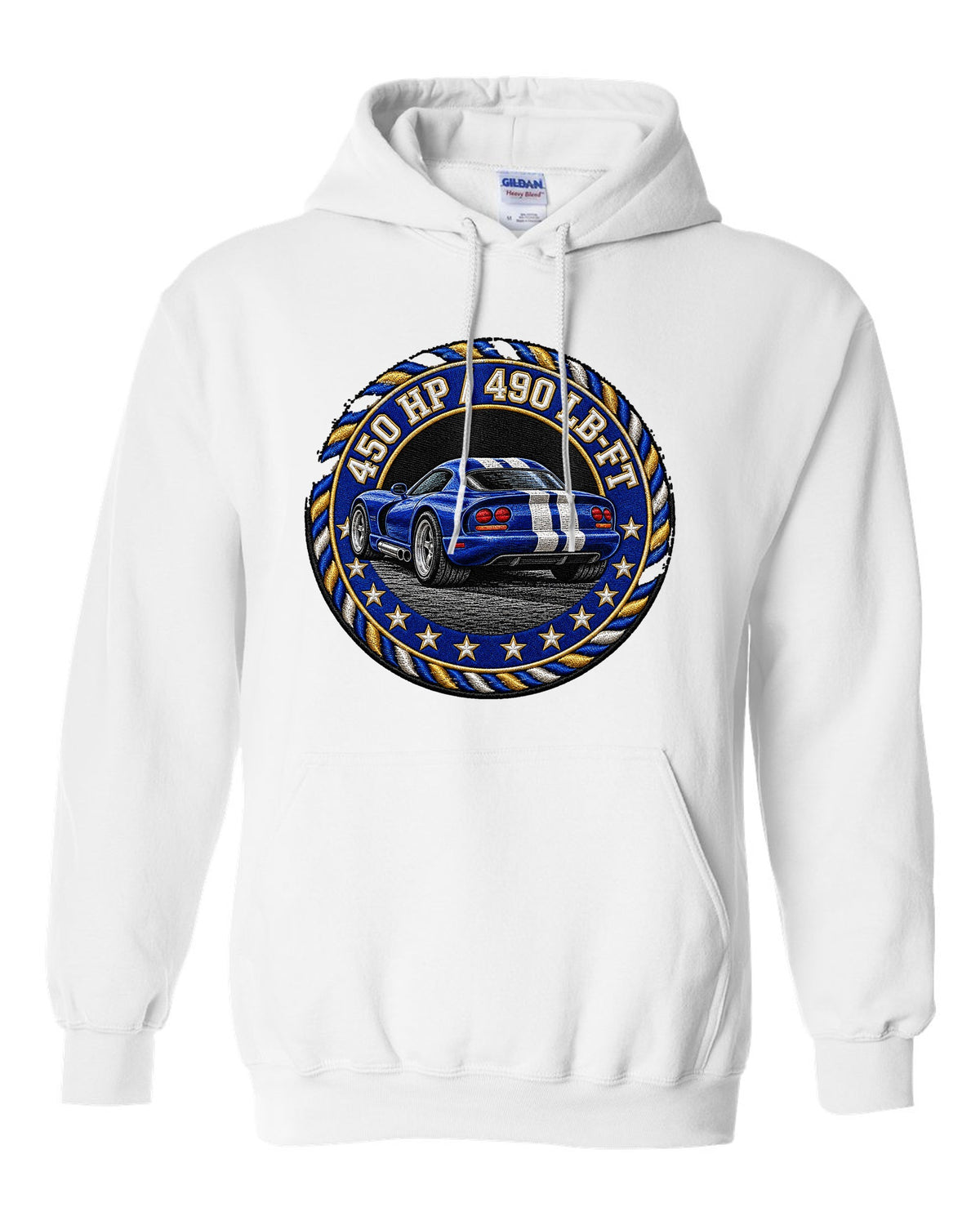 Blue embroidered varsity crest design for a 1996 Dodge Viper GTS SR II white pull over hoodie front view with the design