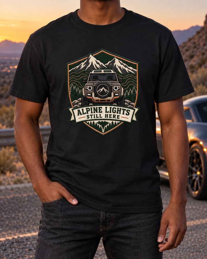 Land Rover Defender L663 Alpine Window Shield Crest Shirt T-Shirt Black worn hero