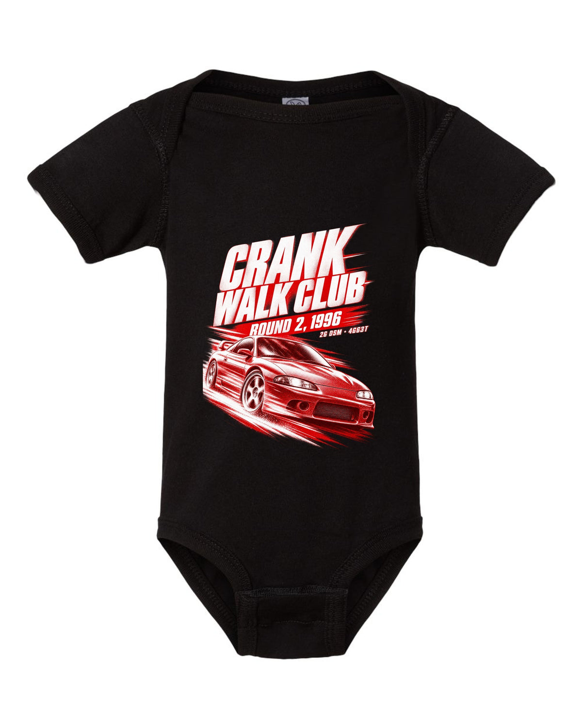Mitsubishi Eclipse GSX 2G DSM race poster print with 4G63T and Crank Walk Club text black baby onesie front view with the design