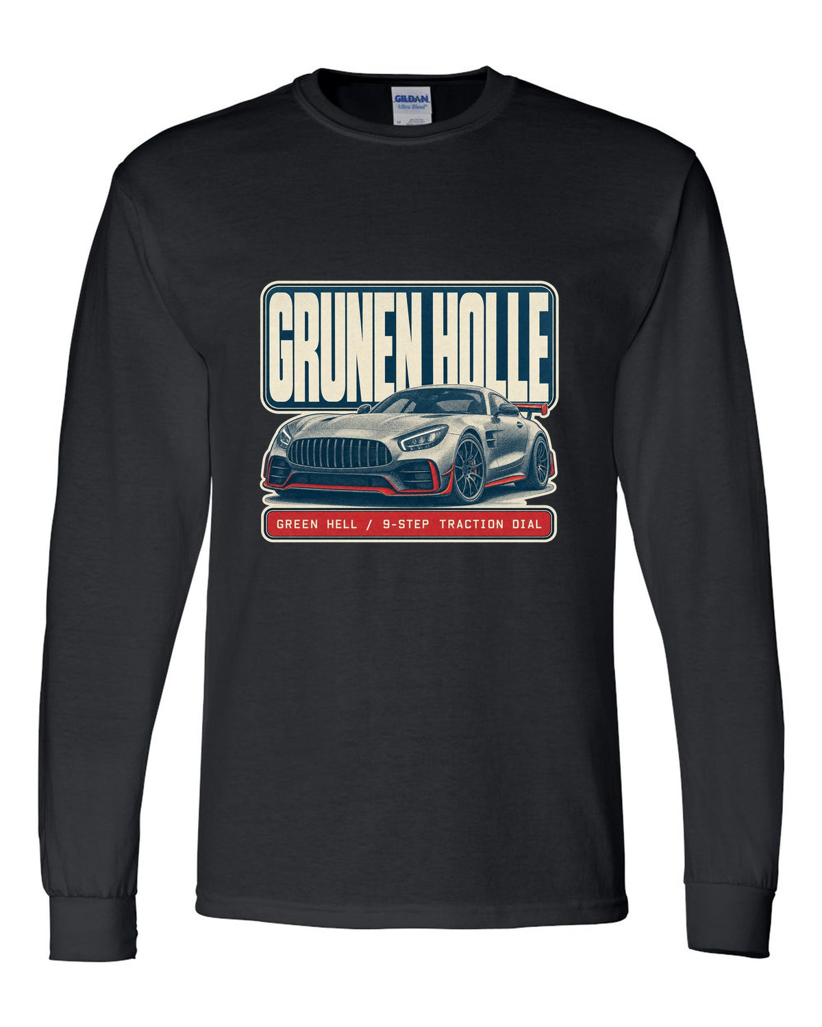 Mercedes-AMG GT R C190 halftone Green Hell print black long sleeve front view with the design