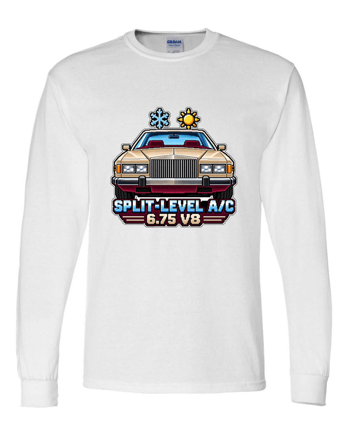 16-bit pixel art print of a 1975 Rolls-Royce Camargue with split-level A/C and 6.75 V8 lettering white long sleeve front view with the design