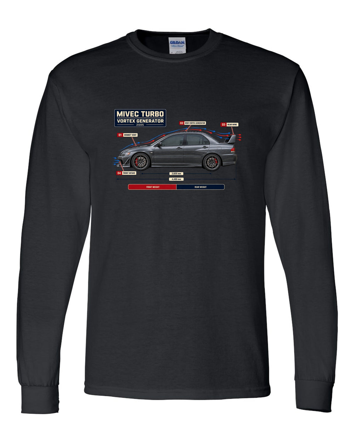 Lancer Evolution IX Aero Callout Diagram Tee, MIVEC Turbo black long sleeve front view with the design