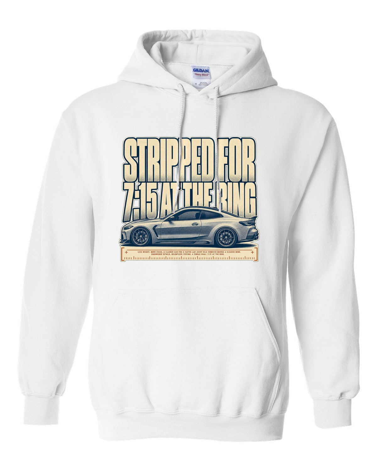 BMW M4 CSL G82 halftone print with 7:15 at the Ring text white pull over hoodie front view with the design