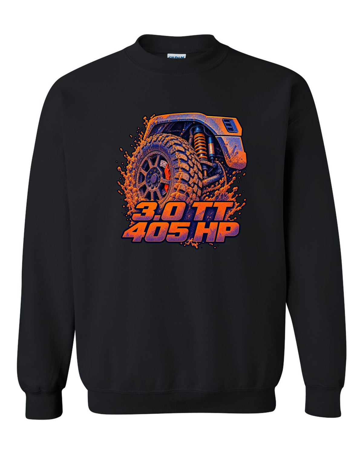 Ford Ranger Raptor P703 wheel and brake in a risograph style print black crewneck front view with the design