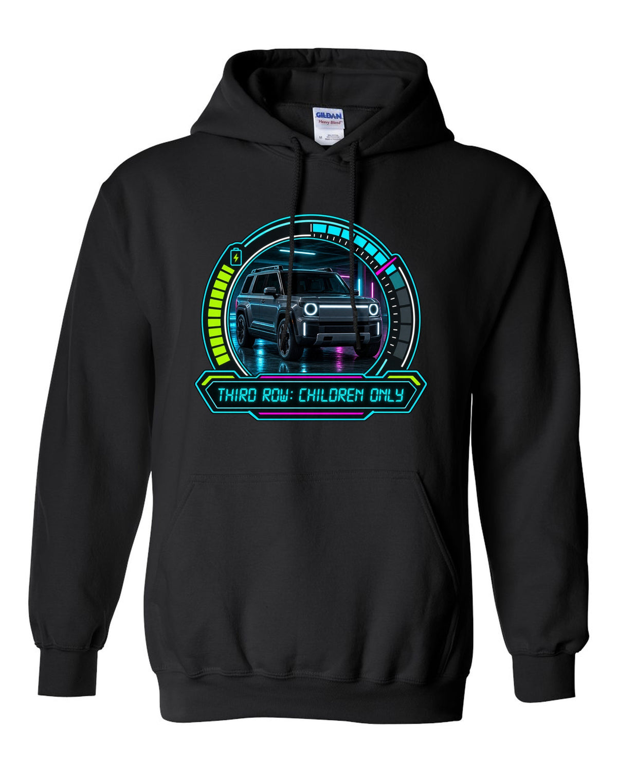 Rivian R1S dashboard gauge cluster HUD print with the text third row children only black pull over hoodie front view with the design
