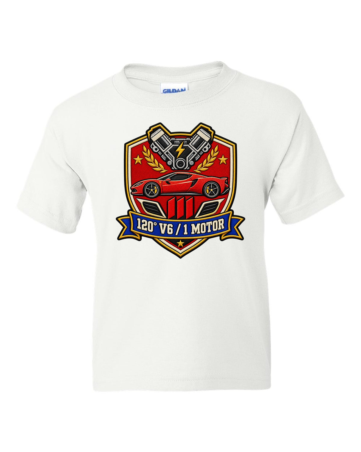 Shield crest print for the Ferrari 296 GTB with 120 degree V6 and 1 motor lettering white kids tee front view with the design