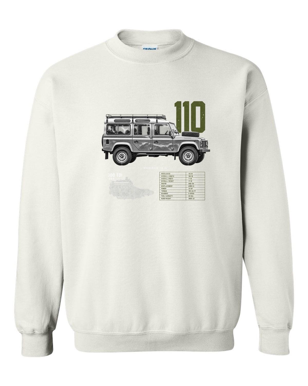 Land Rover Defender 110 spec poster print with 300 Tdi 1994 text white crewneck front view with the design