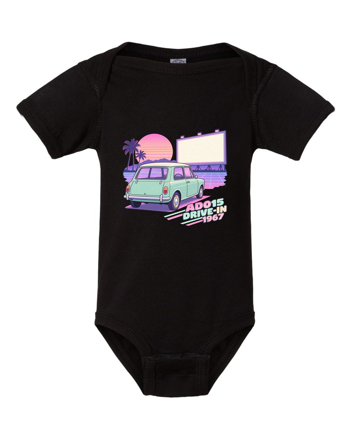 Pastel vaporwave drive-in scene with a 1967 classic Mini Cooper ADO15 black baby onesie front view with the design