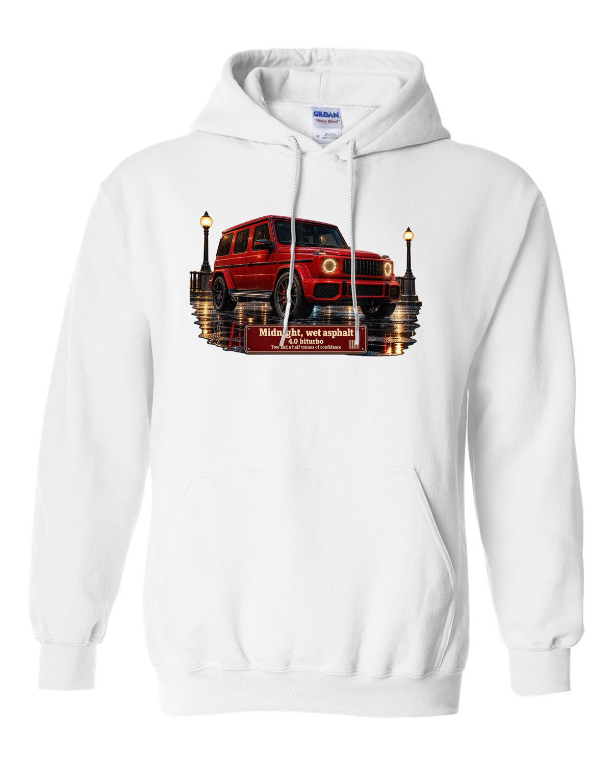 Night street print of a Mercedes-AMG G63 W463A on wet asphalt white pull over hoodie front view with the design