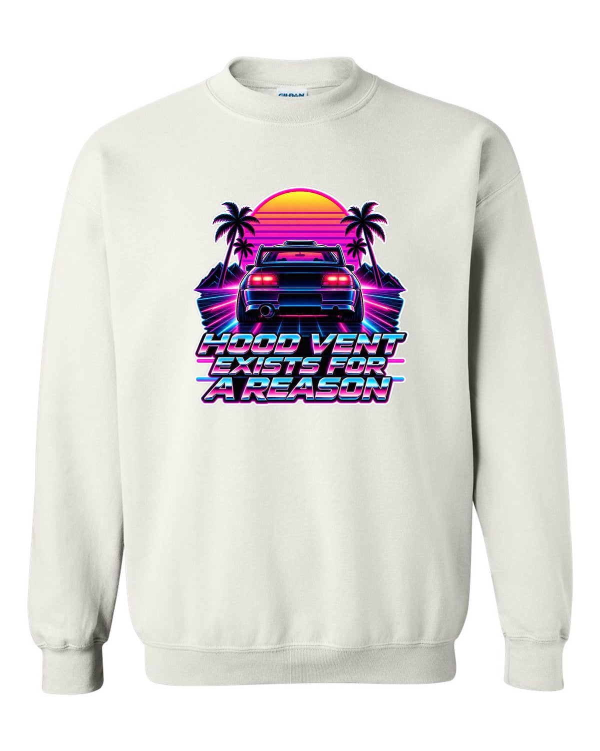 Synthwave outrun illustration of a Toyota Celica GT-Four ST205 with hood vent lettering white crewneck front view with the design