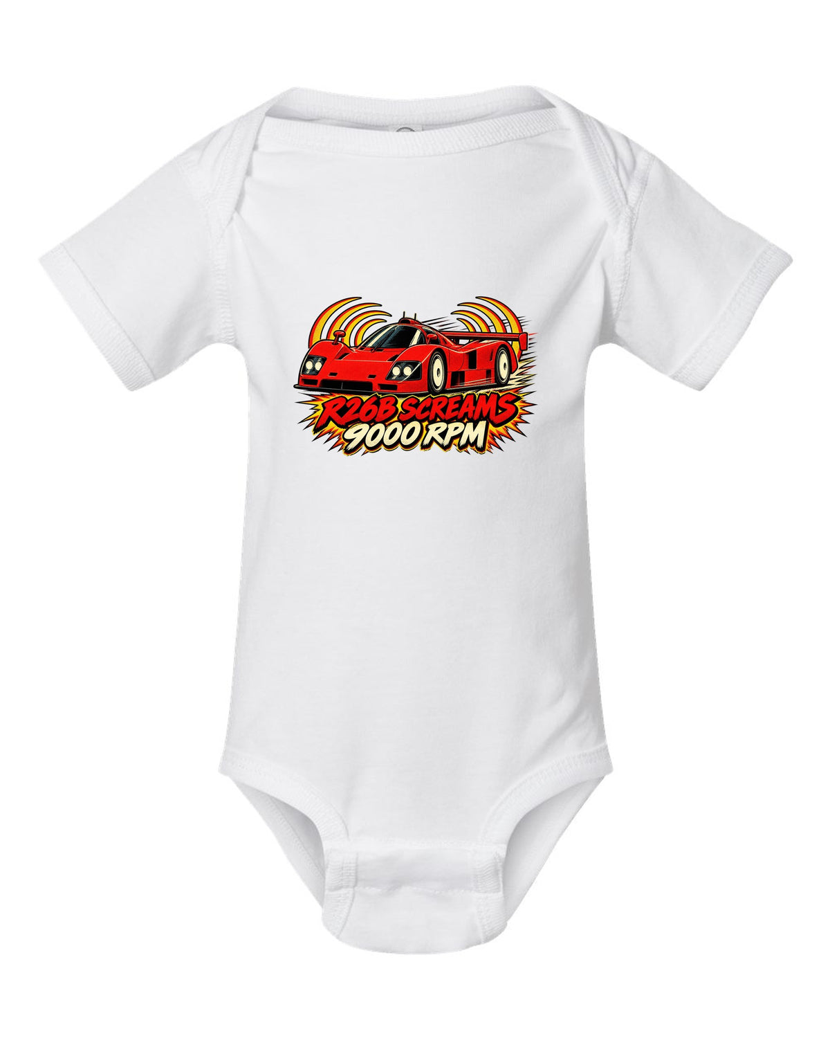 Embroidery-style varsity crest for the Mazda 787B with 787B / 2.6 L / 4 ROTOR lettering white baby onesie front view with the design