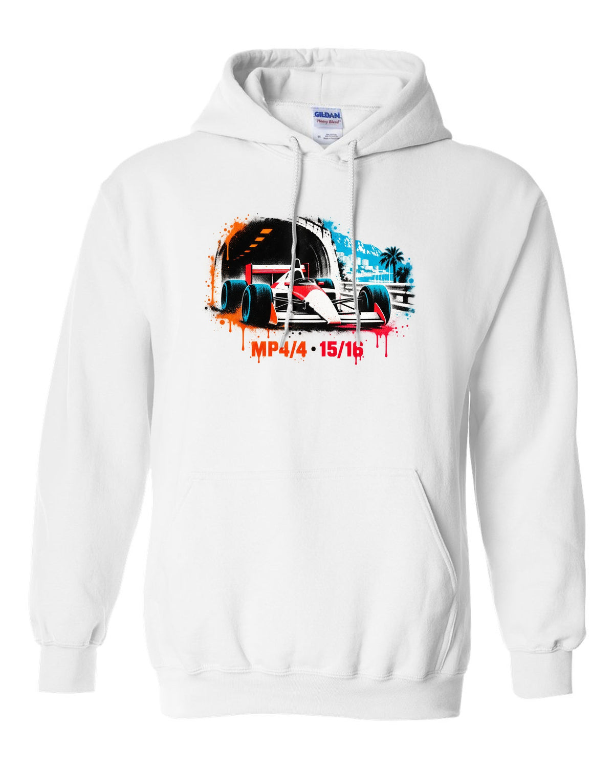 Stencil spray art of the McLaren MP4/4 Formula 1 car with 15/16 lettering white pull over hoodie front view with the design