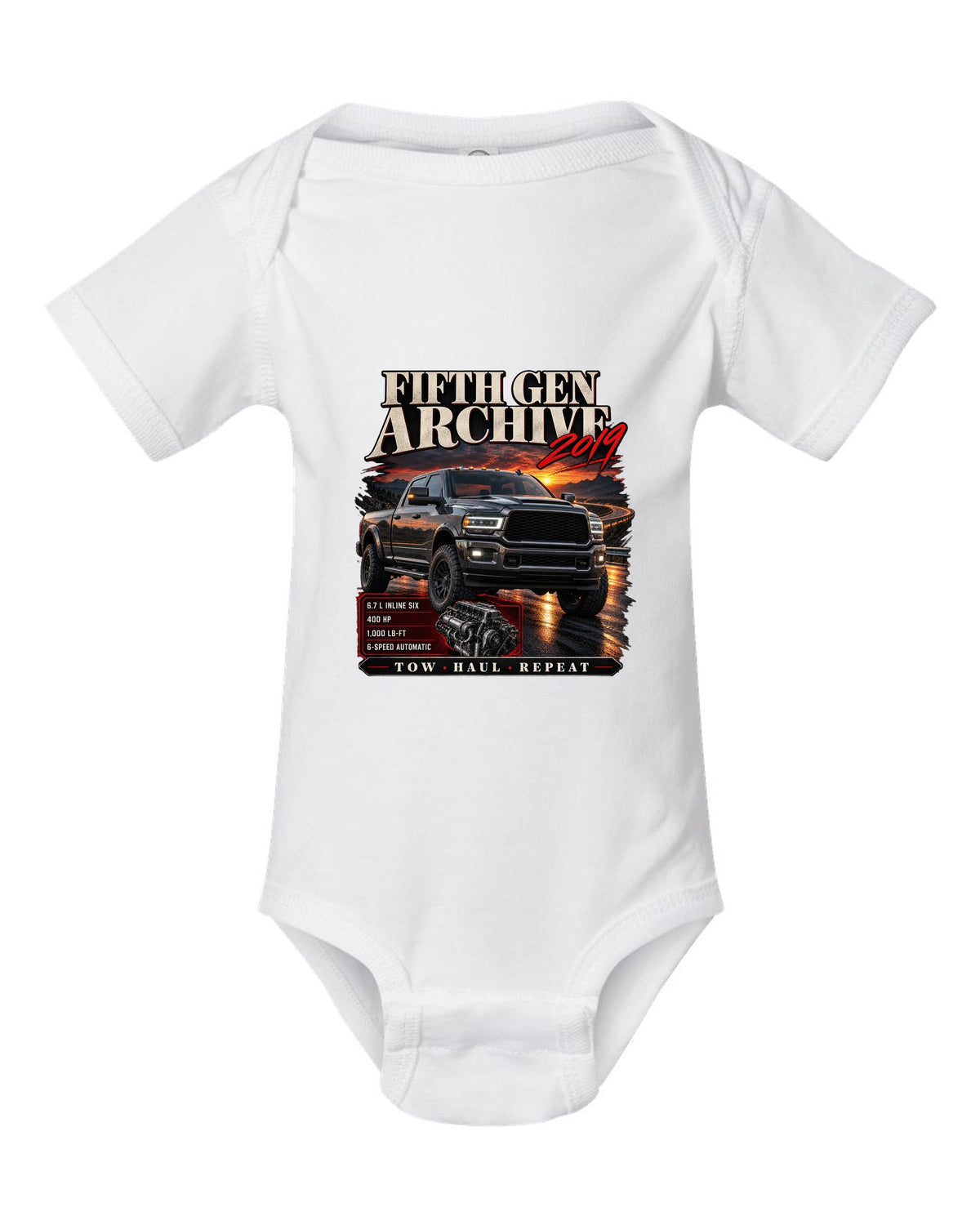 Archive panel print of a 2019 Ram HD 2500 6.7 HO diesel pickup with torque figure white baby onesie front view with the design