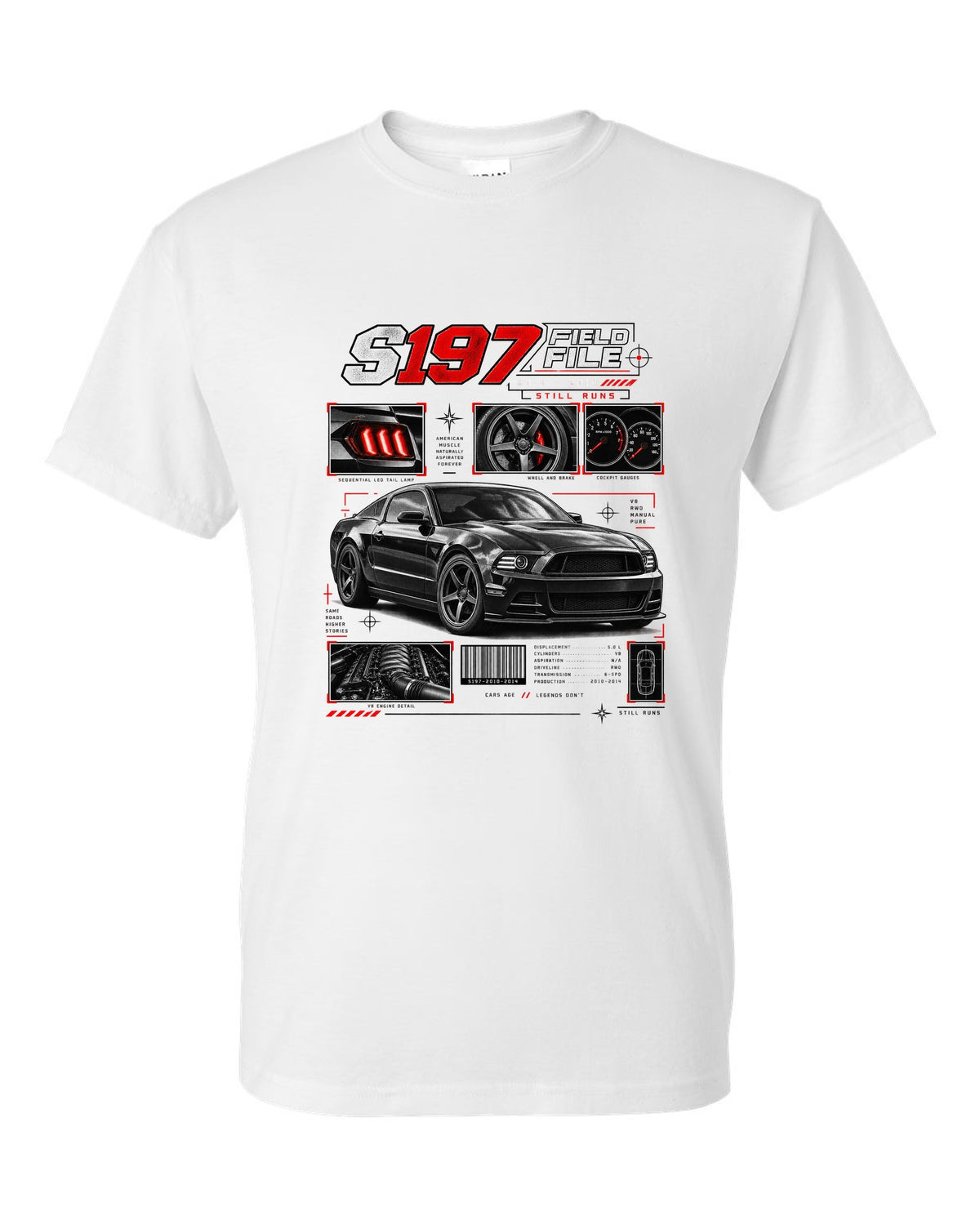 Four-panel dossier print of a Ford Mustang S197 GT fastback white t-shirt front view with the design
